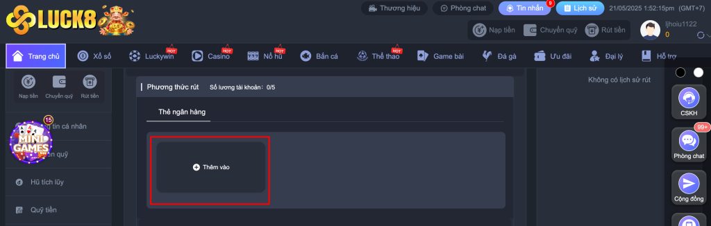 Thêm thẻ ngân hàng để có thể rút tiền
